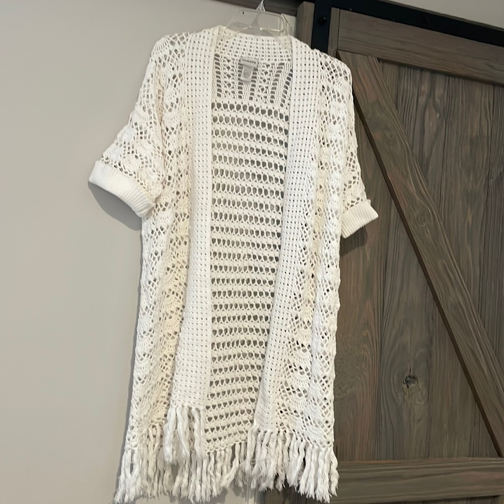 Chico's White Fringe Swim Coverup with Lace Pattern